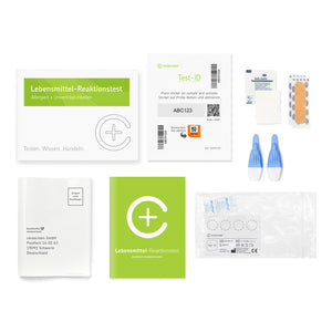 Inhalt des Lebensmittel-Reaktionstests von cerascreen: Verpackung, Anleitung, Lanzetten, Plfaster, Trockenblutkarte, Desinfektionstuch, Rücksendeumschlag