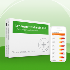 Verpackung des cerascreen Lebensmittelallergie Tests und Smartphone-Display mit Vorschau des Testergebnisses