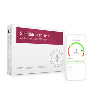 Verpackung des cerascreen Schilddrüsen Tests und Smartphone-Display mit Vorschau des Testergebnisses