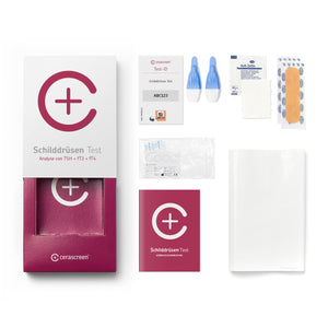 Inhalt des Schilddrüsen Testkits von cerascreen: Verpackung, Anleitung, Lanzetten, Plfaster, Probenröhrchen, Desinfektionstuch, Rücksendeumschlag