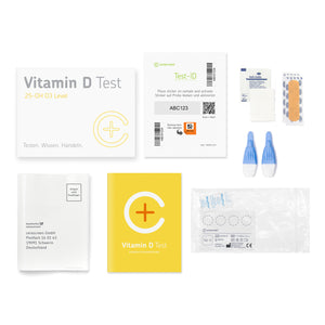 Inhalt des Vitamin D Testkits von cerascreen: Verpackung, Anleitung, Lanzetten, Plfaster, Trockenblutkarte, Desinfektionstuch, Rücksendeumschlag