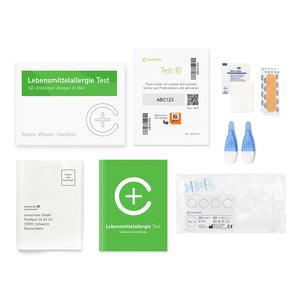 Inhalt des Lebensmittelallergie Testkits von cerascreen: Verpackung, Anleitung, Lanzetten, Plfaster, Trockenblutkarte, Desinfektionstuch, Rücksendeumschlag