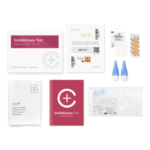 Inhalt des Schilddrüsen Testkits von cerascreen: Verpackung, Anleitung, Lanzetten, Plfaster, Probenröhrchen, Desinfektionstuch, Rücksendeumschlag