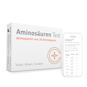 Verpackung des cerascreen Aminosäuren Tests und Smartphone-Display mit Vorschau des Testergebnisses