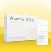 Verpackung des cerascreen Vitamin D Tests und Smartphone-Display mit Vorschau des Testergebnisses