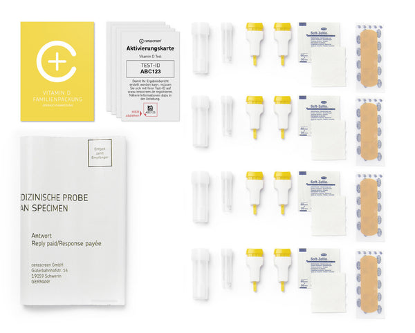 Inhalt des Vitamin D Vorteilspackung Testkits von cerascreen: Verpackung, Anleitung, Lanzetten, Plfaster, Trockenblutkarte, Desinfektionstuch, Rücksendeumschlag