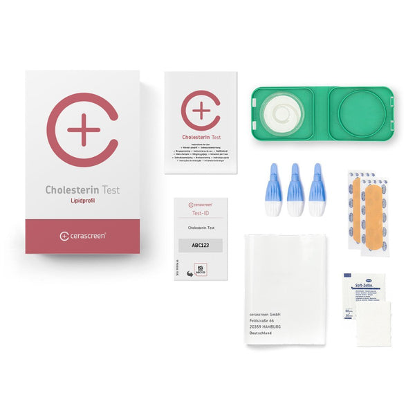 Inhalt des Cholesterin Testkits von cerascreen: Verpackung, Anleitung, Lanzetten, Plfaster, Trockenblutschatulle, Desinfektionstuch, Rücksendeumschlag