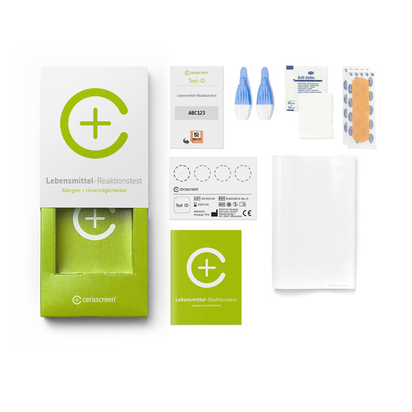 Inhalt des Lebensmittel-Reaktionstests von cerascreen: Verpackung, Anleitung, Lanzetten, Plfaster, Trockenblutkarte, Desinfektionstuch, Rücksendeumschlag