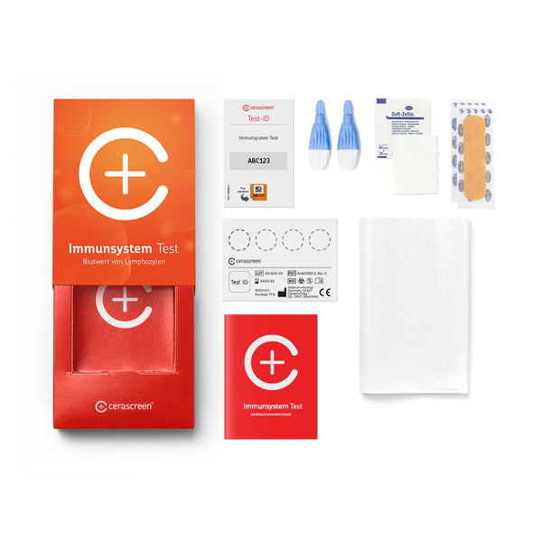 Inhalt des Immunsystem Testkits von cerascreen: Verpackung, Anleitung, Lanzetten, Plfaster, Trockenblutkarte, Desinfektionstuch, Rücksendeumschlag