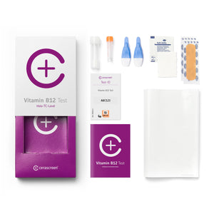 Inhalt des Vitamin B12 Testkits von cerascreen: Verpackung, Anleitung, Lanzetten, Plfaster, Probenröhrchen, Desinfektionstuch, Rücksendeumschlag