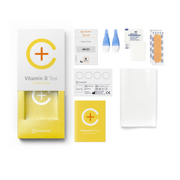 Inhalt des Vitamin D Testkits Doppelpackung von cerascreen: Verpackung, Anleitung, Lanzetten, Plfaster, Trockenblutkarte, Desinfektionstuch, Rücksendeumschlag