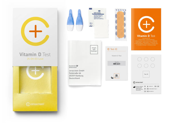 Inhalt des Vitamin D Testkits von cerascreen: Verpackung, Anleitung, Lanzetten, Plfaster, Trockenblutkarte, Desinfektionstuch, Rücksendeumschlag