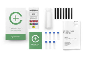 Inhalt des Cortisol Testkits von cerascreen: Verpackung, Anleitung, Strohhalme, Probenröhrchen, Rücksendeumschlag